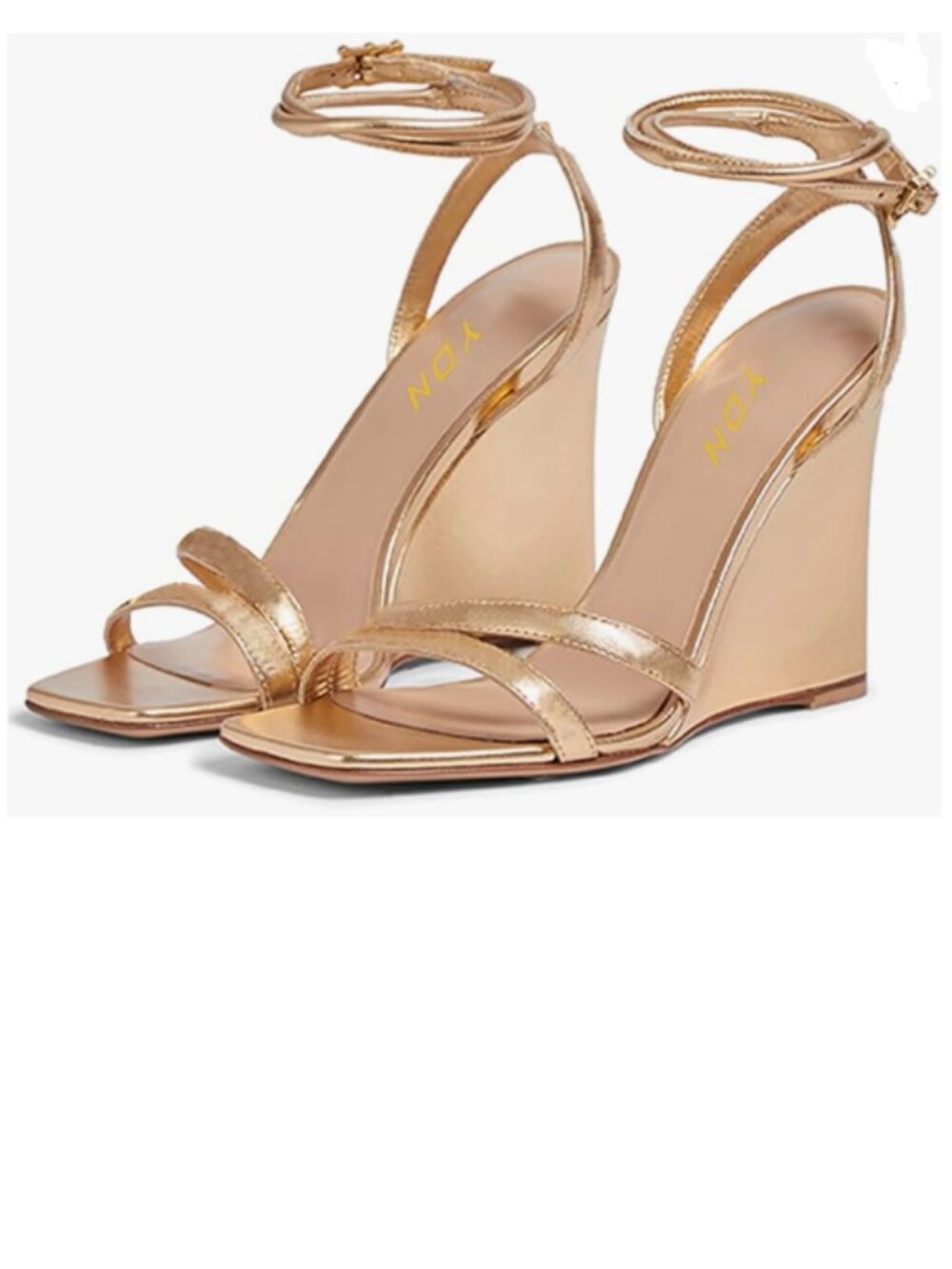 YDN Gold Wedge High Heel Open Toe Buckle Sandals Doubel Ankle Strap Summer Shoes